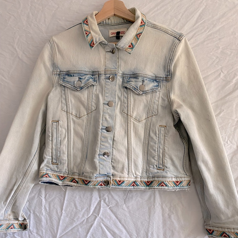 Driftwood brand on Free People Antiqed Denim Jacket with native geometric trim
